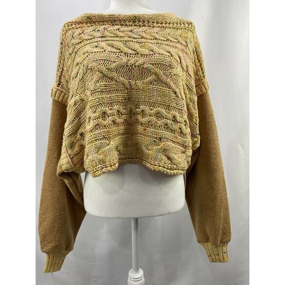 $168 NWT FREE PEOPLE Size S HONEY CABLE-KNIT MEDIA PULLOVER SWEATER HONEYCOMB - Picture 1 of 8